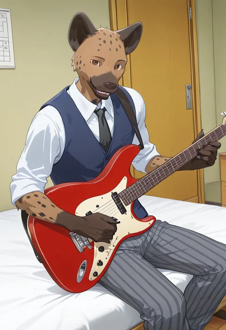 masterpiece, best quality, amazing quality, very aesthetic, absurdres, newest, high quality, detailed, male, solo male, Miguno, 1boy, mature male, male, slender build, anthro, spotted hyena, animal ears, brown eyes, brown and black fur, white collared shirt, blue vest, black tie, grey striped pants, dorm room, looking at viewer, smiling, sitting, holding guitar, playing guitar, sitting on edge of bed