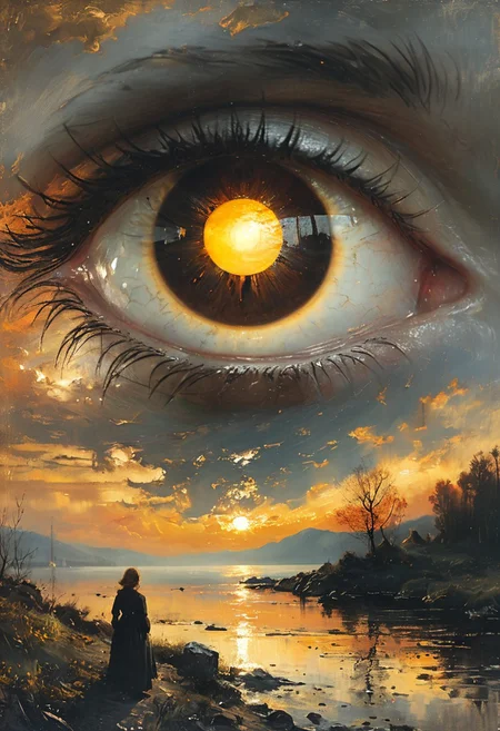 Close-up of a woman's eye with a reflection of an eclipse of the sun, in center pupil coincides with eclipse of sunset, black sunset, style of Andreas Achenbach, masterpiece