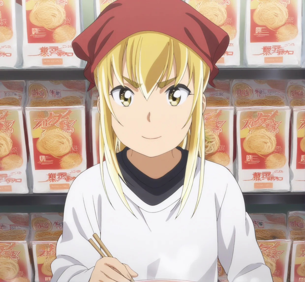 sharp focus, masterpiece, source_anime, (anime_screencap:1.2), absurd res, best quality, BREAK
<lora:Anzu_hinamatsuri_IL_v0.8:1>, anzu_il, anzu_ver2, 1girl, solo, blonde_hair, bangs, hair_between_eyes, yellow_eyes, white_sleeved_tunic, back_hair,  red_headscarf, upper body, facing viewer, ramen shop, clean background