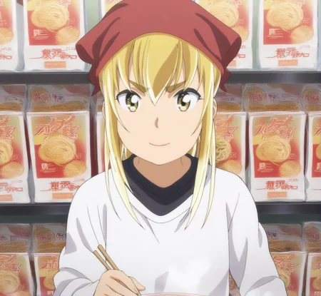 sharp focus, masterpiece, source_anime, (anime_screencap:1.2), absurd res, best quality, BREAK
<lora:Anzu_hinamatsuri_IL_v0.8:1>, anzu_il, anzu_ver2, 1girl, solo, blonde_hair, bangs, hair_between_eyes, yellow_eyes, white_sleeved_tunic, back_hair, red_headscarf, upper body, facing viewer, ramen shop, clean background