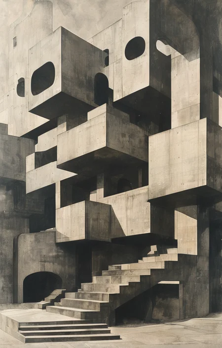 masterpiece,best quality,<lora:tbh312-sdxl:0.9>,illustration,designed by Adolf Loos Brutalist concrete university campus with geometric shapes and exposed materials