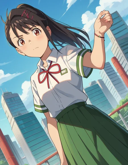 score_9, score_8_up, score_7_up, source_anime,
suzumeiwato, <lora:suzume-iwato-ponyxl-lora-nochekaiser:1>,
suzume iwato, long hair, black hair, hair ornament, brown eyes, hairclip, ponytail,
skirt, shirt, ribbon, school uniform, white shirt, red ribbon, green skirt, long skirt,
outdoors, cityscape,
looking at viewer, dutch angle, cowboy shot,