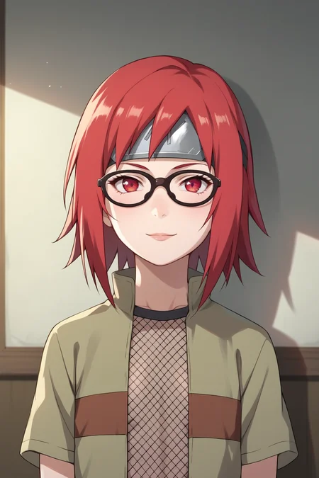 score_9, score_8_up, score_7_up, score_6_up, score_5_up, score_4_up, KarinUzumakiGEXL, black glasses, red eyes, red hair, short hair, bangs, sidelocks, forehead protector, flat chest, open shirt, shirt, short sleeves, fishnet top, solo, front view, (portrait, upper body), solo focus, seductive smile, looking at viewer, indoors <lora:KarinUzumakiGEXL:0.8>