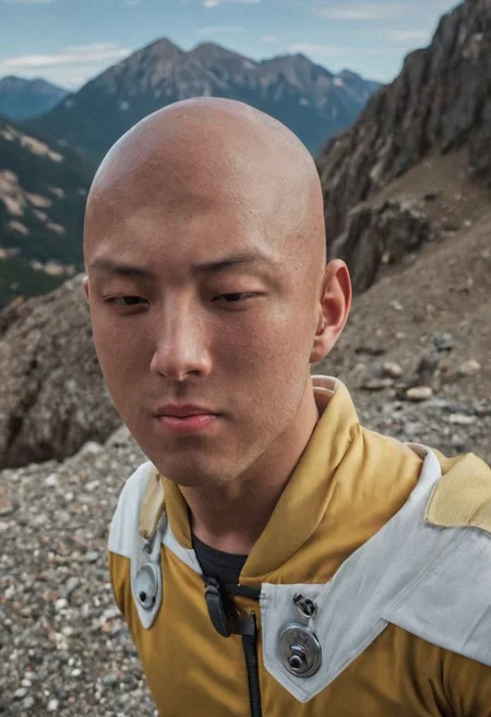 closeup, photorealistic, amazing quality, masterpiece, best quality, hyper detailed, ultra detailed, UHD, perfect anatomy, portrait, dof, hyper-realism, majestic, awesome, inspiring, CloseUp Portrait of a Real saitama (one-punch man), charming but tired Smile, skin Details, very detailed skin, old skin, Closeup, looking at Viewer with relaxed and bored look,speech bubble with text="OK",  standing in sunlight infront of mountain range with a large hole in it, cinematic composition, soft shadows, very detailed, hd, RAW photograph, masterpiece, top quality, best quality,