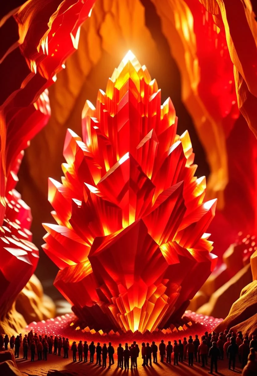ispzxll, diorama, isometric, miniature, volumetric lighting style, intricate details, massive golden ruby crystal formation, underground cave setting, crowds of people gathered, flash photography, spotlights