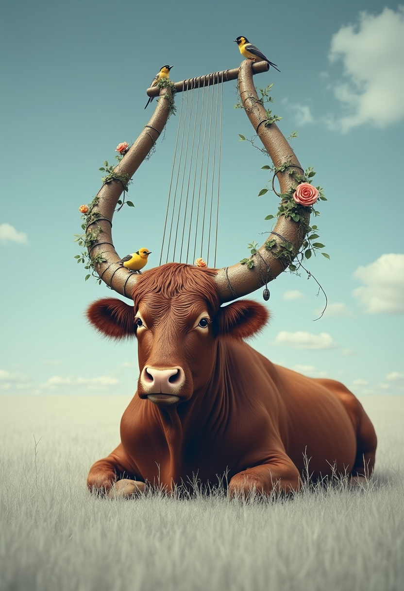 Composition:

The image is a vertical photograph with a strong focus on the central subject: a bull with a lyre-shaped headpiece adorned with vines and roses. The bull is positioned in the center of the frame, resting on a field of white grass. The sky above is a clear blue with a few wisps of clouds.

The composition creates a sense of tranquility and mystery. The bull's peaceful pose and the serene landscape contribute to this feeling.

Technique:

The photograph appears to be digitally manipulated, combining elements of a real bull and a lyre. The technique used is seamless, making it difficult to distinguish where the bull ends and the lyre begins. The colors and textures are blended together to create a convincing illusion.

Color Scheme:

The image uses a muted color palette with shades of brown, white, and blue. The bull's fur is a warm brown, contrasting with the cool tones of the sky and the field. The roses on the lyre add a touch of color, creating a visual focal point.

Small Details:

The lyre is adorned with vines and roses, adding a touch of elegance and nature to the image.
Two small birds are perched on the lyre, adding a sense of life and movement.
The field of white grass creates a surreal and dreamlike atmosphere.
Overall, the image is a surreal and imaginative creation that blends elements of nature and mythology. The seamless digital manipulation and muted color palette create a dreamlike and enchanting scene. The combination of the bull and the lyre symbolizes strength and beauty, while the serene landscape evokes a sense of peace and tranquility.