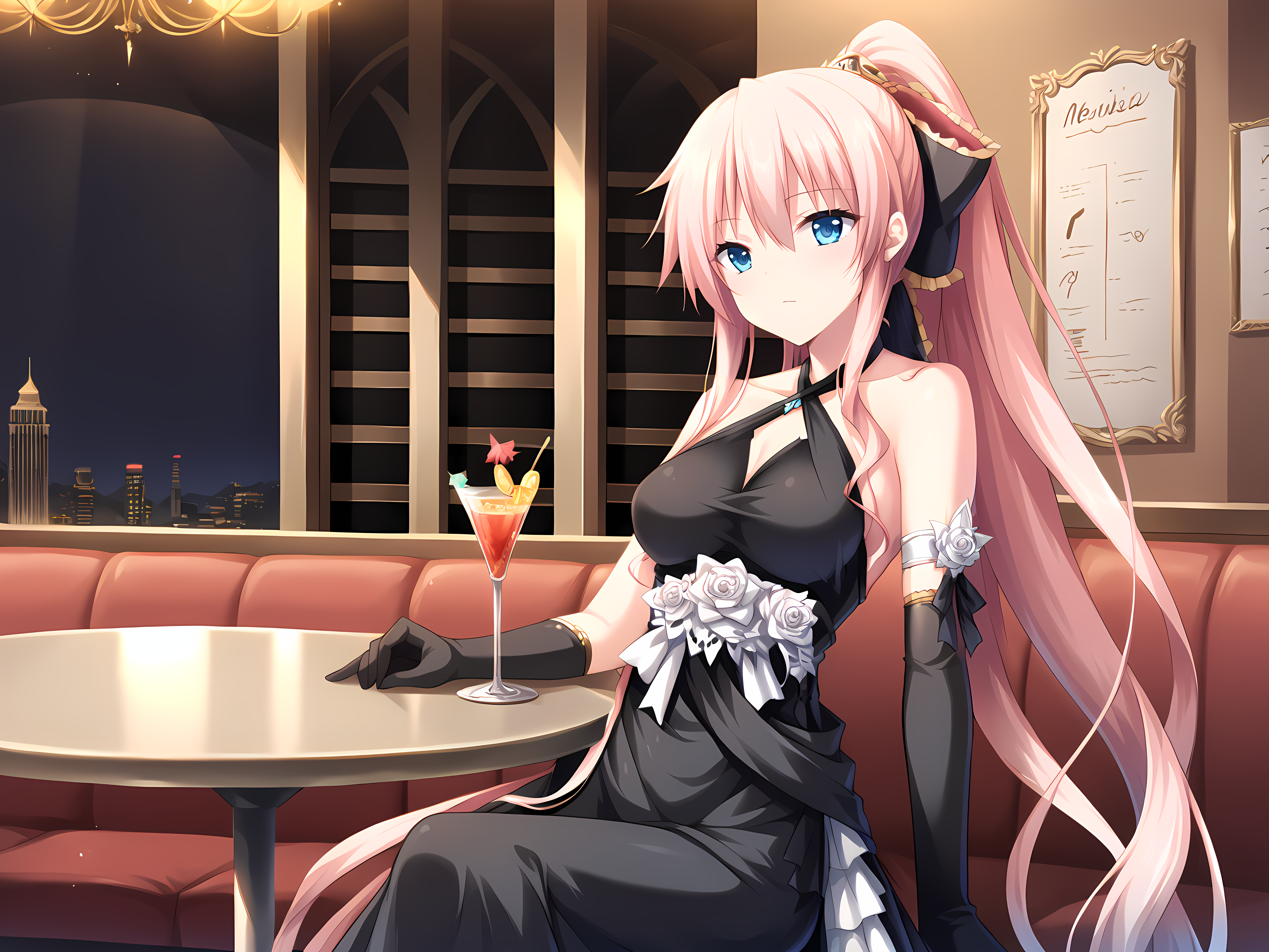 eushully,Margireta,very long hair,ponytail,pink hair,blue eyes,formal,cocktail dress,skin tight,medium breasts,halterneck,halter dress,criss-cross halter,black dress,indoors,restaurant,black elbow gloves,<lora:Margarita_-_Eiferia_-_Neneka_-_Madou_Koukaku_-_Eushully:1>,, score_9, score_8_up, score_7_up,source_anime,(masterpiece),(best quality),(ultra-detailed),(best illustration),(best shadow),(absurdres),(detailed background),(very aesthetic),source_anime