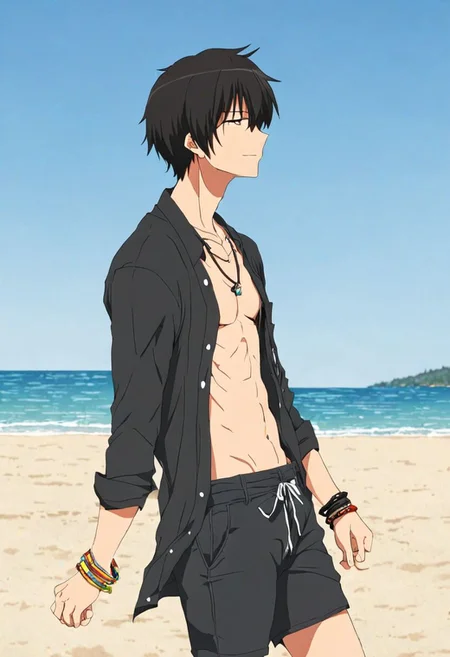 high resolution, solo, best quality, 1Boy, Kanie Seiya, Black Hair, beach, calm, clear sky, candid, open shirt, shorts, sixpack, necklace, bracelet, OverallDetail