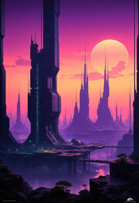 detailed photorealistic image, gradient of vibrant neon colours, sci-fi towers and skyscrapers in a futuristic alien cityscape, sunset, mist