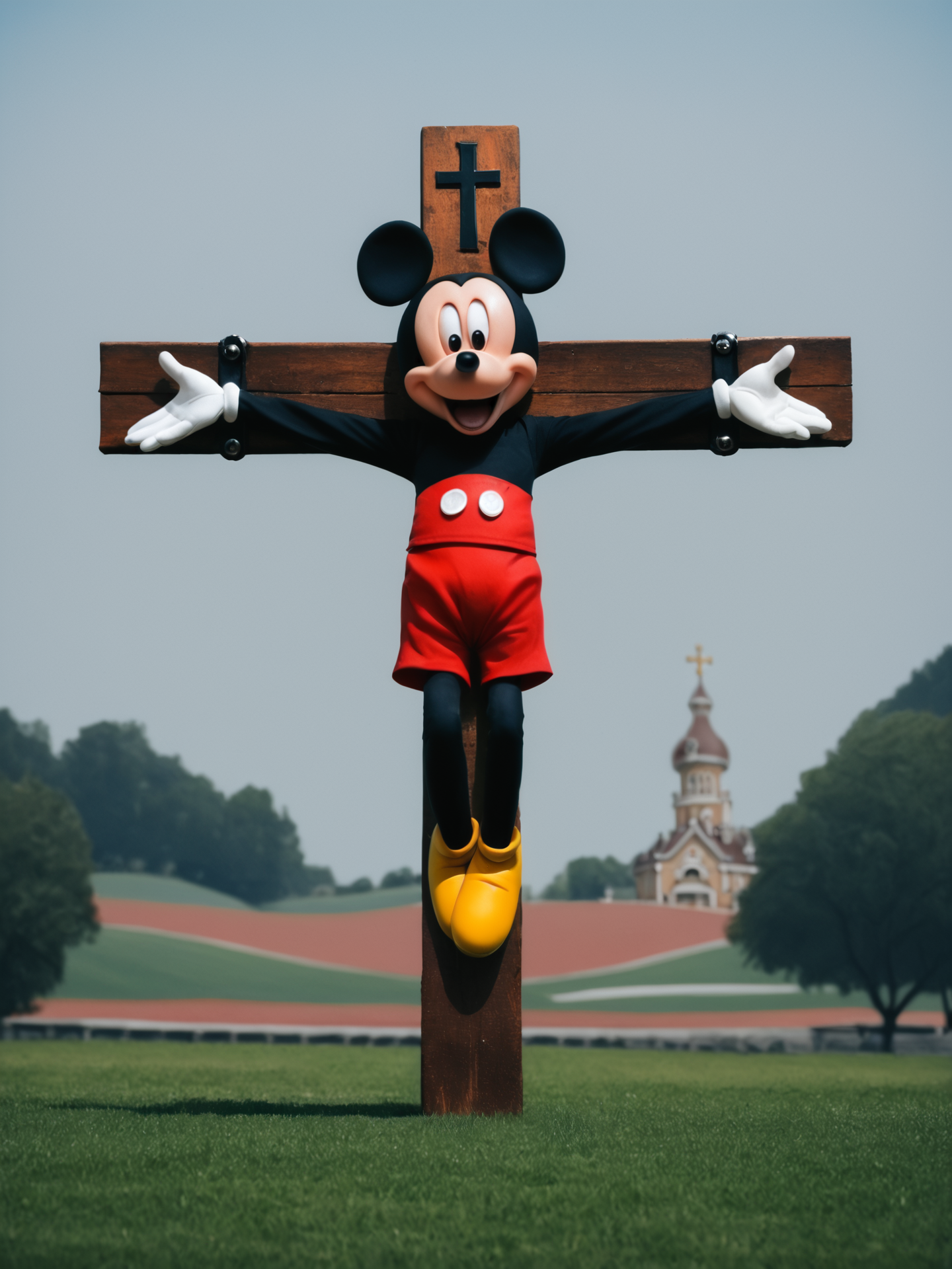 realistic a painting of Mickey Mouse by Crvgg, crucifixion, dramatic lighting, outdoors, <lora:Cartoon_pack_3:0.7>, <lora:crucifixionponyxl1-10-8dim:0.7>  <lora:caravaggio_XL_resize:0.7>, crvgg,
