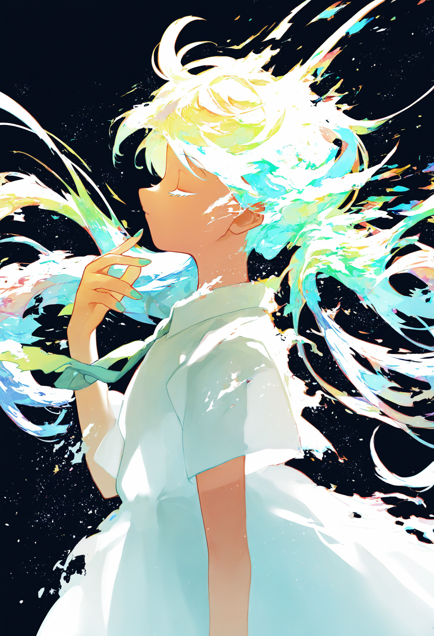 1girl, 
solo, colorful, long hair, closed eyes, upper body, from side, shirt, profile, abstract, white shirt, short sleeves, closed mouth, very long hair, wind, multicolored background, black background, floating neckwear, floating hair, backlighting, twintails, eyelashes, see-through silhouette, dissolving clothes, expressionless, light particles, colorful drop \(module\), hand up, aqua theme, aqua nails, simple background, arm at side, glitch, glowing, blue theme, white eyes,
.
masterpiece, best quality, very aesthetic, absurdres
 <lora:potgfornoob:0.95>
