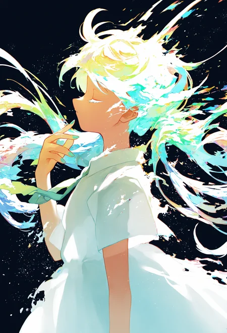 1girl,
solo, colorful, long hair, closed eyes, upper body, from side, shirt, profile, abstract, white shirt, short sleeves, closed mouth, very long hair, wind, multicolored background, black background, floating neckwear, floating hair, backlighting, twintails, eyelashes, see-through silhouette, dissolving clothes, expressionless, light particles, colorful drop \(module\), hand up, aqua theme, aqua nails, simple background, arm at side, glitch, glowing, blue theme, white eyes,
.
masterpiece, best quality, very aesthetic, absurdres
<lora:potgfornoob:0.95>