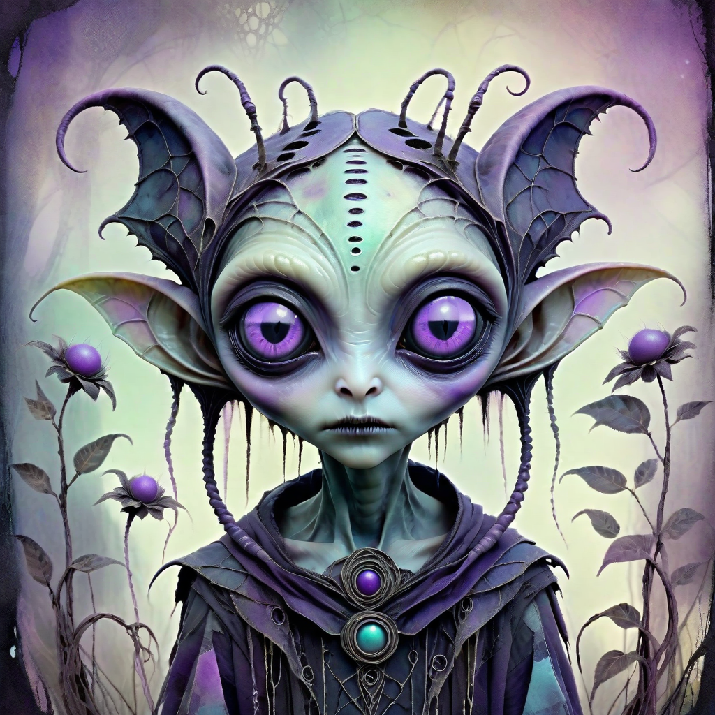 albedo, animist, eulera, alien creature, Muted pastel and grunge tones mixed together, Whimsical gothic fantasy, Cinematic close-up shot, Textured brush strokes emphasizing details, Muted Pastel Grunge alien_wanderer, <lora:artfully_YOUNGALIEN_SDXL:0.8>,