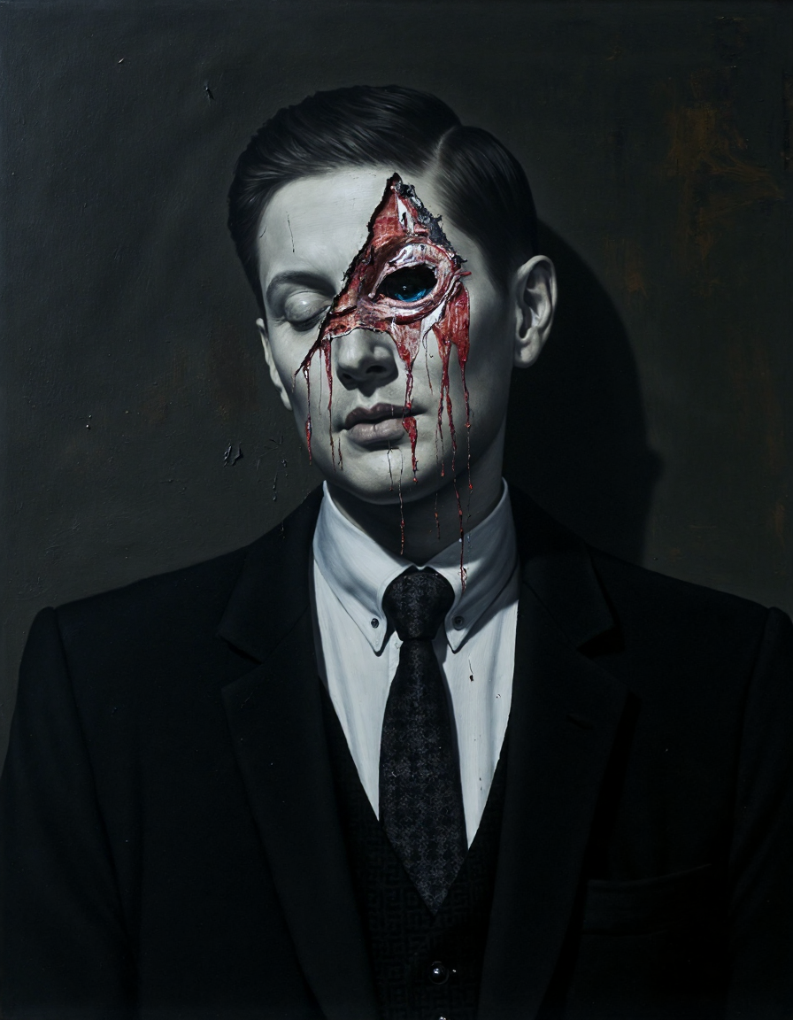 <lora:nicola_samori_ultrarealv4_00:1> oil painting in the style of nicola samori featuring the ghost of a man Michael standing alone in the dark,  greyscale monochrome surrealism baroque art. smudges, jagged line, gaze downcast dreamily, the painting peeling back on his right eye with dripping down blood red and bone white oil paint, revealing an eerily glowing blue eye, parted lips, three-piece suit, white shirt, patterned tie. The background is extremely dark, with rusted colored shadows so deep they nearly fade into complete blackness. combed back short hair. <lora:michael_ultrarealv4_00-000020:0.7>