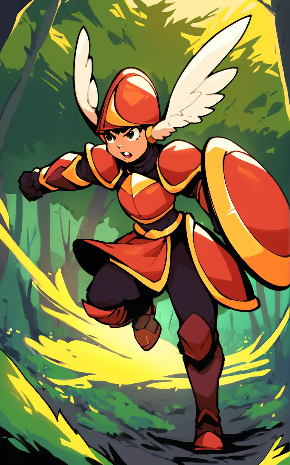 score_9, score_8_up, score_7_up,((best quality)), absurdres, ((full body)), <lora:BolivanteStyle:0.8>,   <lora:SKSKPXL:0.8>,SKSKPXL,boots, armor, helmet, head wings, shield, winged helmet,breastplate,shoulder armor,red armor, female, action pose, forest ,solo