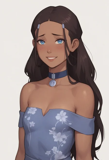women;
handsfree, , cleavage natur,   bare shoulders, collar bone,
score_9, score_8, score_7, high quality, high detail, masterpiece, sharp lines, blush, small breasts, looking at viewer,  shy smile
 <lora:AsuraV2:0.5>,  <lora:princess_xl_v2:0.25>,  <lora:Smooth Anime Style LoRA XL:0.5>,  <lora:g0th1cPXL:0.5>,
 <lora:katara-book2-ponyxl-lora-nochekaiser:0.5> katara, dark skin, choker, dark-skinned female, brown hair, long hair, shoulder hair, blue eyes, hair ornament
dress floral, lacing detail on dress,