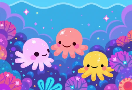 pikaole of three cute octopuses in the ocean