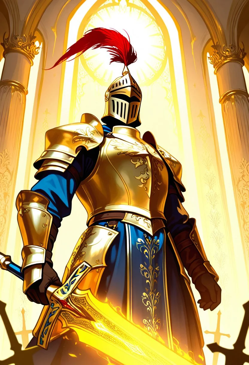 score_9, score_8_up, score_7_up, valiant knight in shining armor, intricately detailed with engraved patterns, holy symbols and delicate filigree on armor plates, ornate helmet with a plume, radiant holy sword emitting soft golden light, finely crafted blade with glowing runes, divine aura, hyper-realistic textures, cinematic lighting, vibrant highlights and deep shadows, dramatic pose, mystical atmosphere, sacred light illuminating surroundings, high-definition, ultra-detailed armor, ethereal glow on sword, legendary hero, medieval fantasy, divine warrior, intricate metalwork, soft mist in background, holy presence, improvedmasterpiece, digital artwork, hd, looking at viewer
