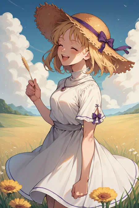 score_9, score_8_up, score_7_up, score_6_up, source_anime, 1girl, solo <lora:yselena-pdxl-nvwls-v1-000005:1> ysElena, blonde hair, medium hair, purple eyes, white sundress, straw hat, closed eyes, happy, meadow, field, blue sky