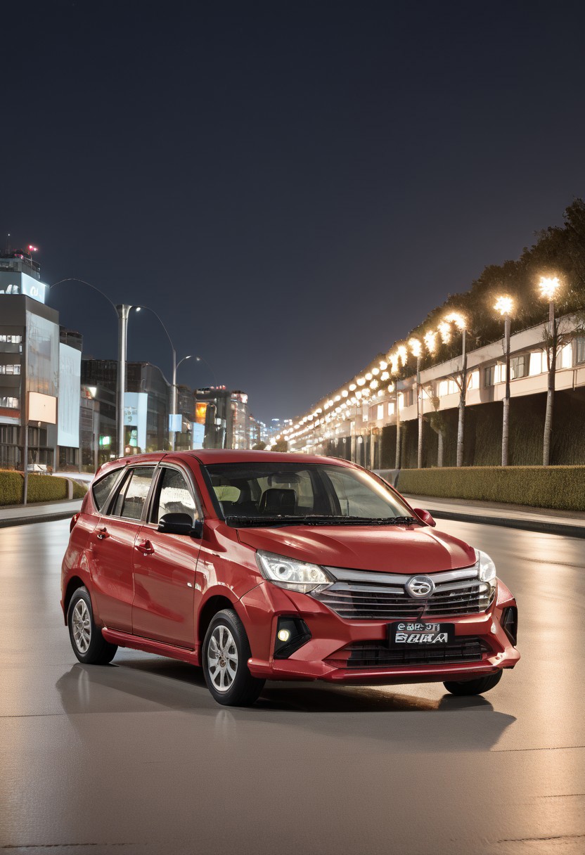 high resolution, best quality, Car, Daihatsu Sigra, Highway overpass, evening, city lights,