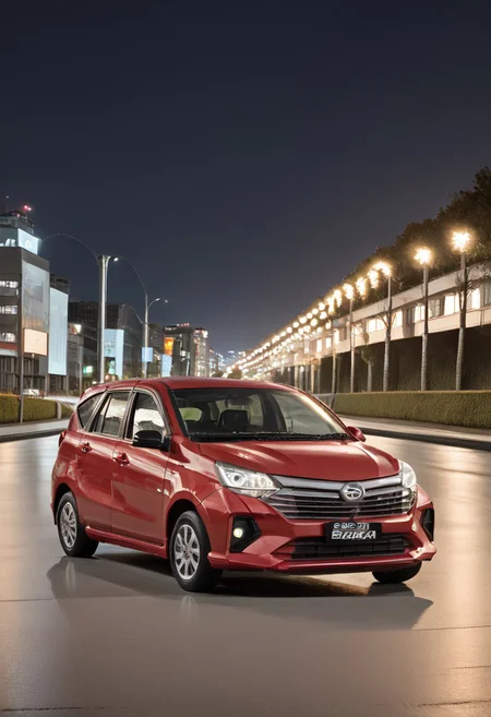 high resolution, best quality, Car, Daihatsu Sigra, Highway overpass, evening, city lights,