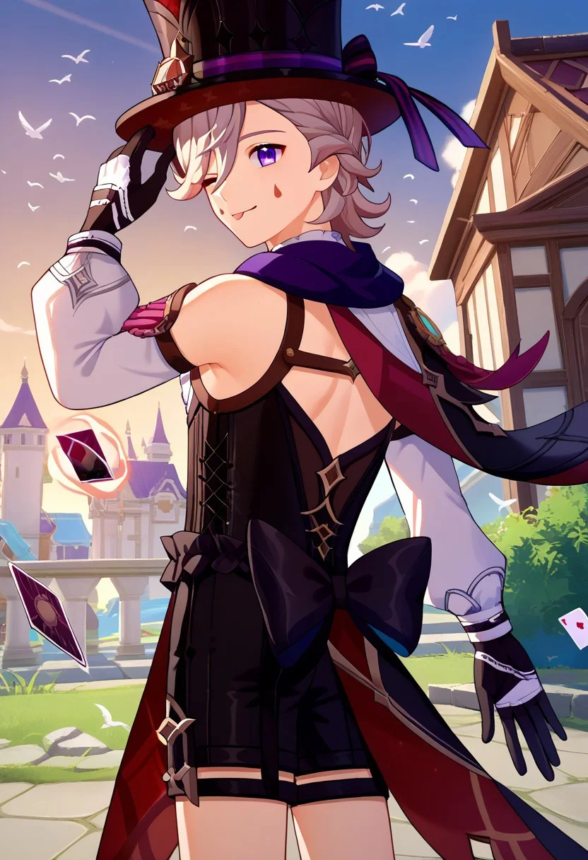 score_9, score_7_up, source_anime
lyney, 1boy, male focus, solo, purple eyes, blonde hair, short hair, braid, hair over one eye, teardrop facial mark, ouji fashion, hat, top hat, black headwear, capelet, center frills, corset, detached sleeves, long sleeves, puffy long sleeves, puffy sleeves, gloves, black gloves, shorts, black shorts, vision (genshin impact), hand on headwear, from back, looking back, spell, magic, doves, cards, tongue out, smile, one eye closed, birds, flame,
outdoor,