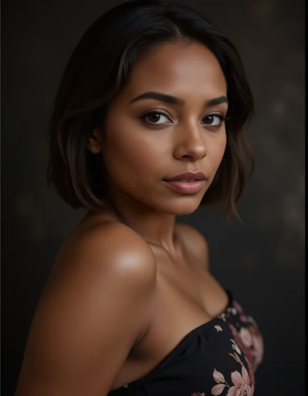 Half body shot of a woman in a studio setting, with a relaxed yet poised expression. She dressed elegantly, with studio lights accentuating her features, providing depth and dimension to the photo.