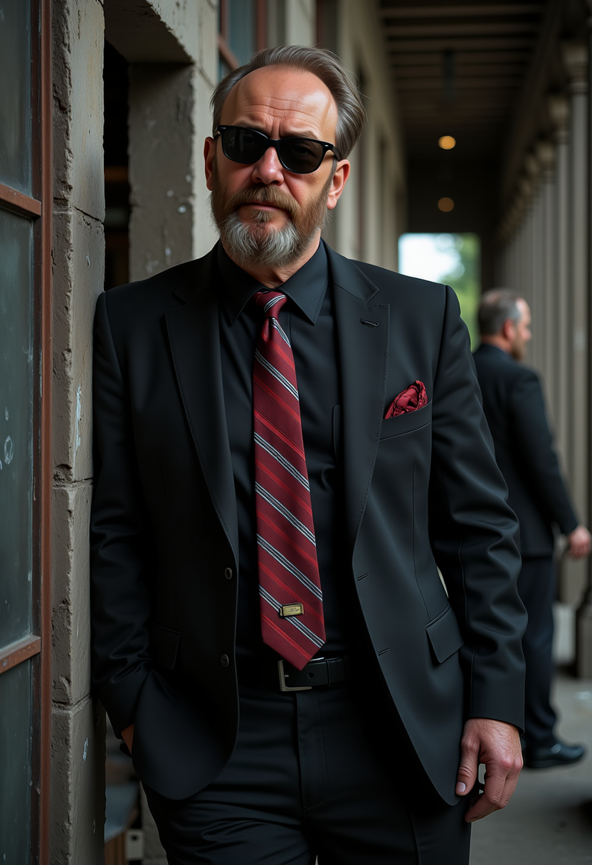 masterpiece, looking at viewer, Hyperrealistic, dynamic angles, multiple angles, photoshoot poses; A photo of Behemoth-fluxgym, a man with hair, he is wearing a black suit with a red and white pinstripe tie, he is standing in bell tower observing his target, he is wearing sunglasses, well-lit environment, subsurface scattering,  a playful and whimsical, perfect hand, hand, detailed hand,niji style,retro50s_style,

