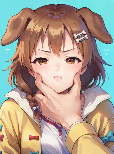 score_9, score_8_up, score_7_up, score_6_up, 1girl, 1boy, 2d, source_anime, anime, facegrab, inugami korone, dog ears, closed mouth, blush, pout, half-closed eyes, looking at viewer, thumb, Bone hair ornament, close-up, brown eyes, yelow jacket, white top, medium breasts,
90s4n1m3, <lora:incase-ilff-v3-4:0.15> <lora:hutagoXL:0.6> <lora:90s4n1m3XLP:0.4> <lora:facegrab:0.8>