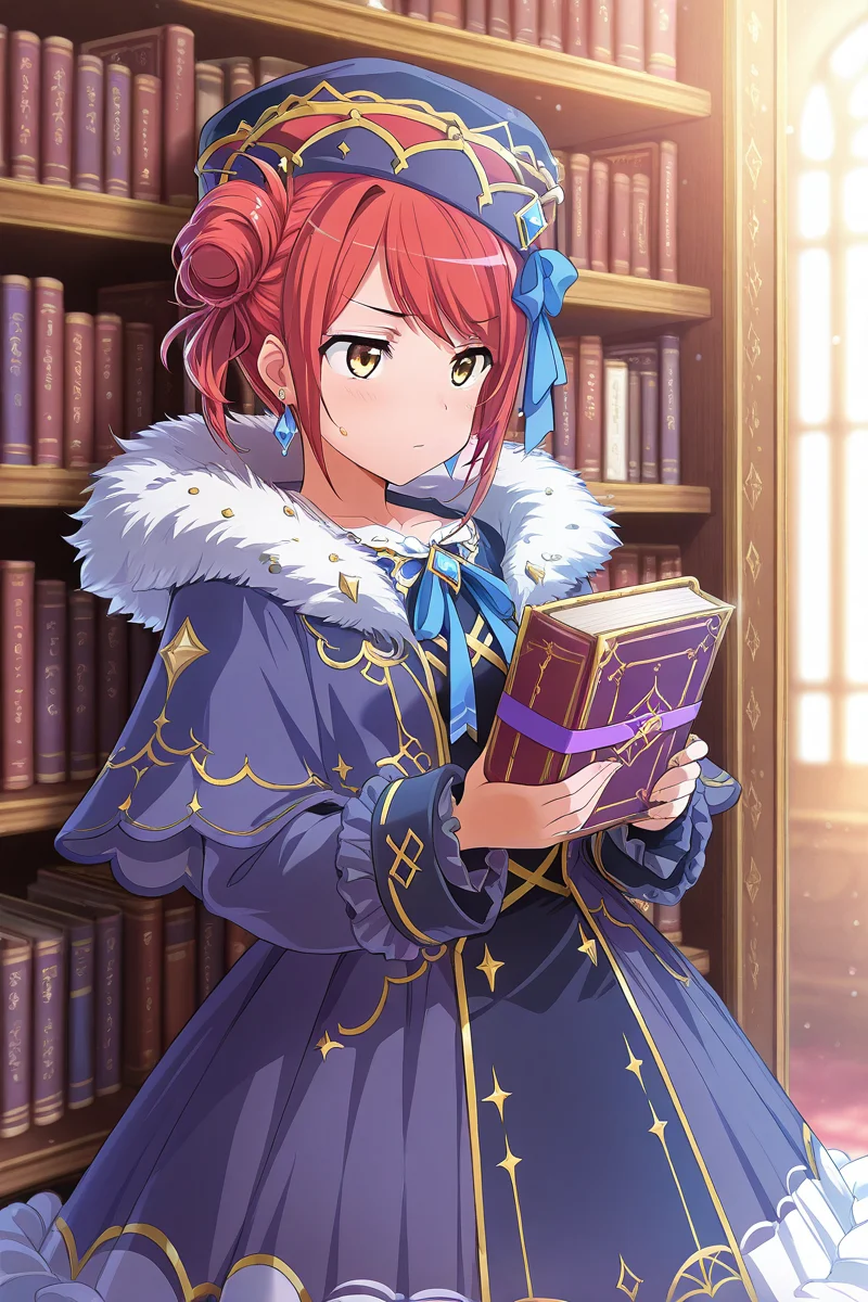 masterpiece, best quality, amazing quality,
<lora:Misora_IL:1> misora, 1girl, solo, red hair, yellow eyes, book, hair bun, ribbon, earrings, fur trim, dress, holding book, hat, jewelry, holding