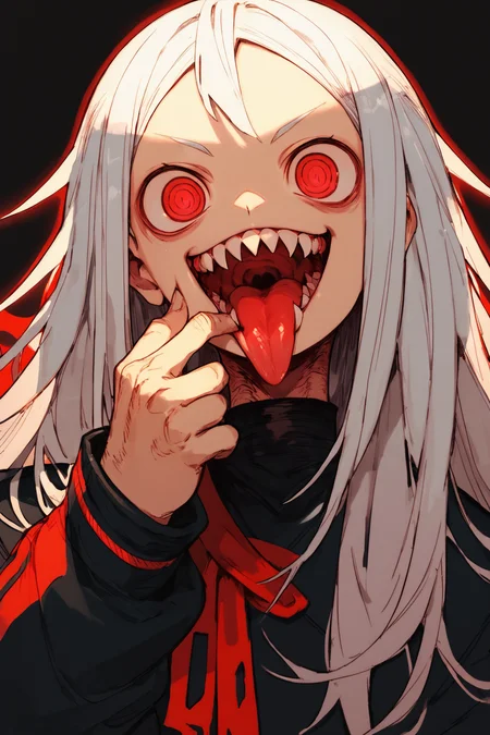 score_9, score_8_up, score_7_up, <lora:andrew_cockroach:1>
,1girl,  solo, ringed eyes, long hair, sharp teeth, teeth, looking at viewer,  open mouth, finger in own mouth,  smile, tongue out, mouth pull, long sleeves, red eyes, upper body,  simple background,  black background,