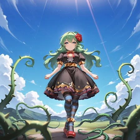 <lora:ChamIllustriousBackgroundEnhancer:0.5> <lora:illustrious_quality_modifiers_masterpieces_v1:0.8> ,  masterpiece, very aesthetic, absurdres, best quality, amazing quality, high resolution, newest, very awa, scenery, volumetric lighting, solo,  looking at viewer,  <lora:ToraIllustrious:0.8> , tordef, 1girl, solo, long hair, green hair, black sclera, blue eyes, hair flower, neck ribbon, center frills, black dress, frilled dress, gold trim, juliet sleeves, yellow armlet, spiked armlet, yellow belt, horizontal-striped thighhighs, yellow anklet, spiked anklet, high heels, plant, thorns, vines, ((portrait)), exterior, blue sky, clouds,
