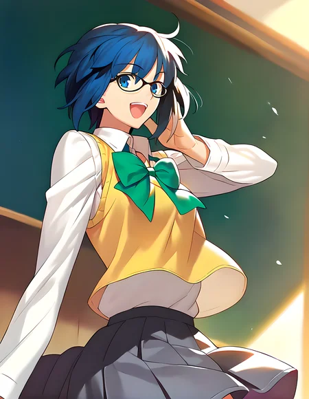 <lora:pony_xl_ciel:1>,ciel,score_9,score_8_up,score_7_up,source_anime,1girl,gentle senior,curry seniors,black-framed eyewear,breasts,black open jacket,green bow,collared shirt,yellow vest,grey pleated skirt,classroom,happy,:d,cowboy_shot,