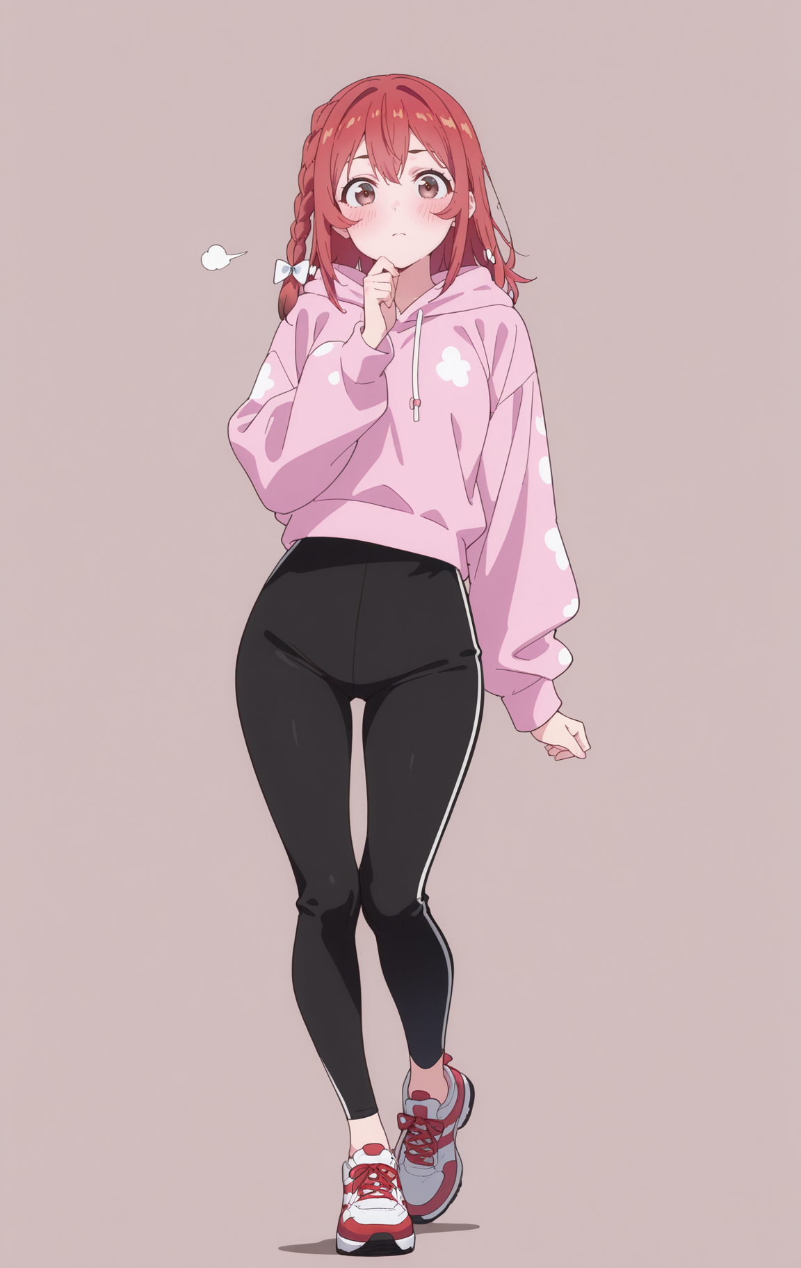 masterpiece,best quality,newest,absurdres,highres,
front view,full_shot,Annoyance,looking_at_viewer,
<lora:SakurasawaSumiCYQL:1>,SakurasawaSumiCYQL,1girl,solo,red hair,braid,single braid,hair bow,brown eyes,blush,cropped leggings, lightweight sleeveless hoodie, running shoes, gloves,
full body,standing,hand_on_own_chin,,
light_brown background,simple background,
<lora:spo_sdxl_10ep_4k-data_lora_webui:0.5>,<lora:EtherSDXL:0.6>,EtherStyle,<lora:illustrious_quality_modifiers_masterpieces_v1:0.7>,