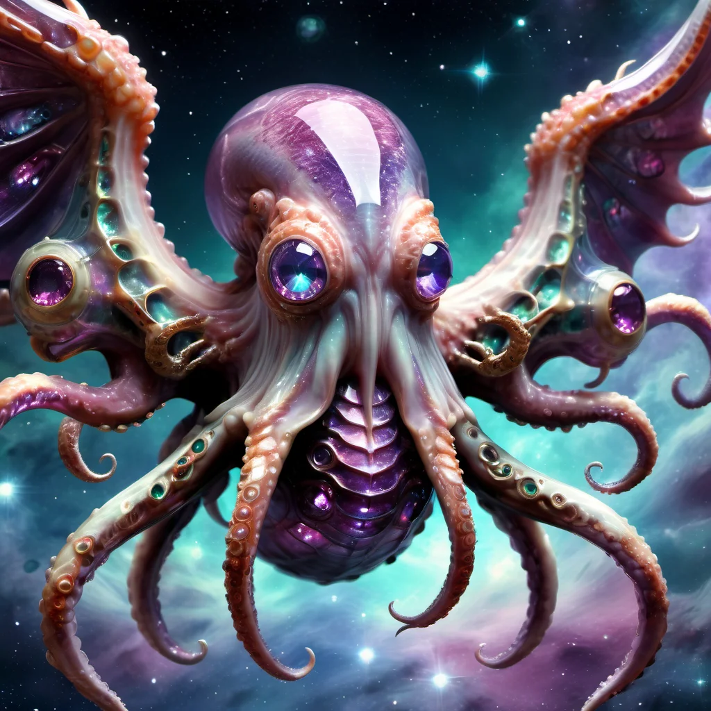 ((best quality)), ((masterpiece)), ((realistic,digital art)), (hyper detailed),DonMC3l3st14l3xpl0r3rsXL  Small Mythical Scaled Geometric Cephalopod,  Clawed Appendages, Bifurcated-Tailed, Curved-Tailed, Leathery Skin,  Phoenix Wings,, tech, scifi, futuristic , 8K, HDR,  <lora:DonMC3l3st14l3xpl0r3rsXL-000007:1>
