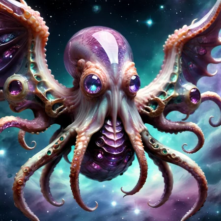((best quality)), ((masterpiece)), ((realistic,digital art)), (hyper detailed),DonMC3l3st14l3xpl0r3rsXL Small Mythical Scaled Geometric Cephalopod, Clawed Appendages, Bifurcated-Tailed, Curved-Tailed, Leathery Skin, Phoenix Wings,, tech, scifi, futuristic , 8K, HDR, <lora:DonMC3l3st14l3xpl0r3rsXL-000007:1>