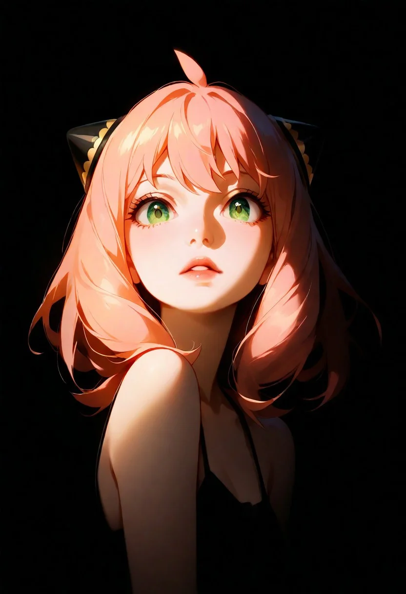 1girl,Anya Forger (Spy x Family), lips, thin lips, parted lips, solo, looking at viewer, camisole, upper body, dark, underlightling, masterpiece, best quality, very aesthetic