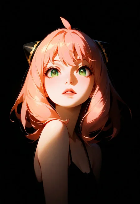 1girl,Anya Forger (Spy x Family), lips, thin lips, parted lips, solo, looking at viewer, camisole, upper body, dark, underlightling, masterpiece, best quality, very aesthetic