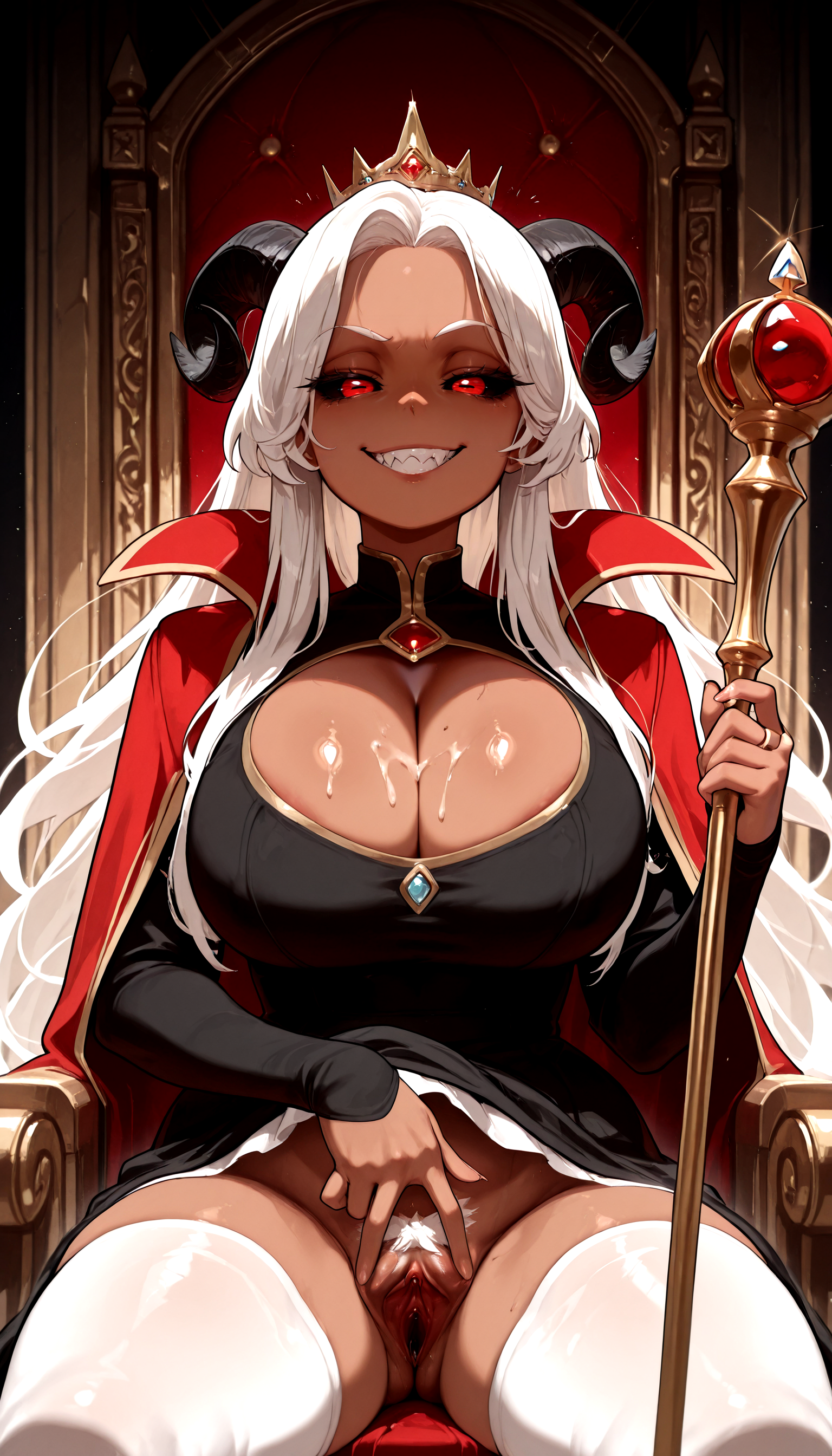 <lora:QinslethIllustV1:0.99>  qinsleth,
<lora:Two Finger Pussy Spread(IL)_epoch_7:0.8> tfps, pussy, spread_pussy
white pubic_hair, dark_skin, sitting_on_throne, crown, cape, scepter, sexually_suggestive, smug,
large_breasts, dress_lift, black dress, cleavage_cutout, black_sclera, horns,, masterpiece,best quality,absurdres, amazing quality