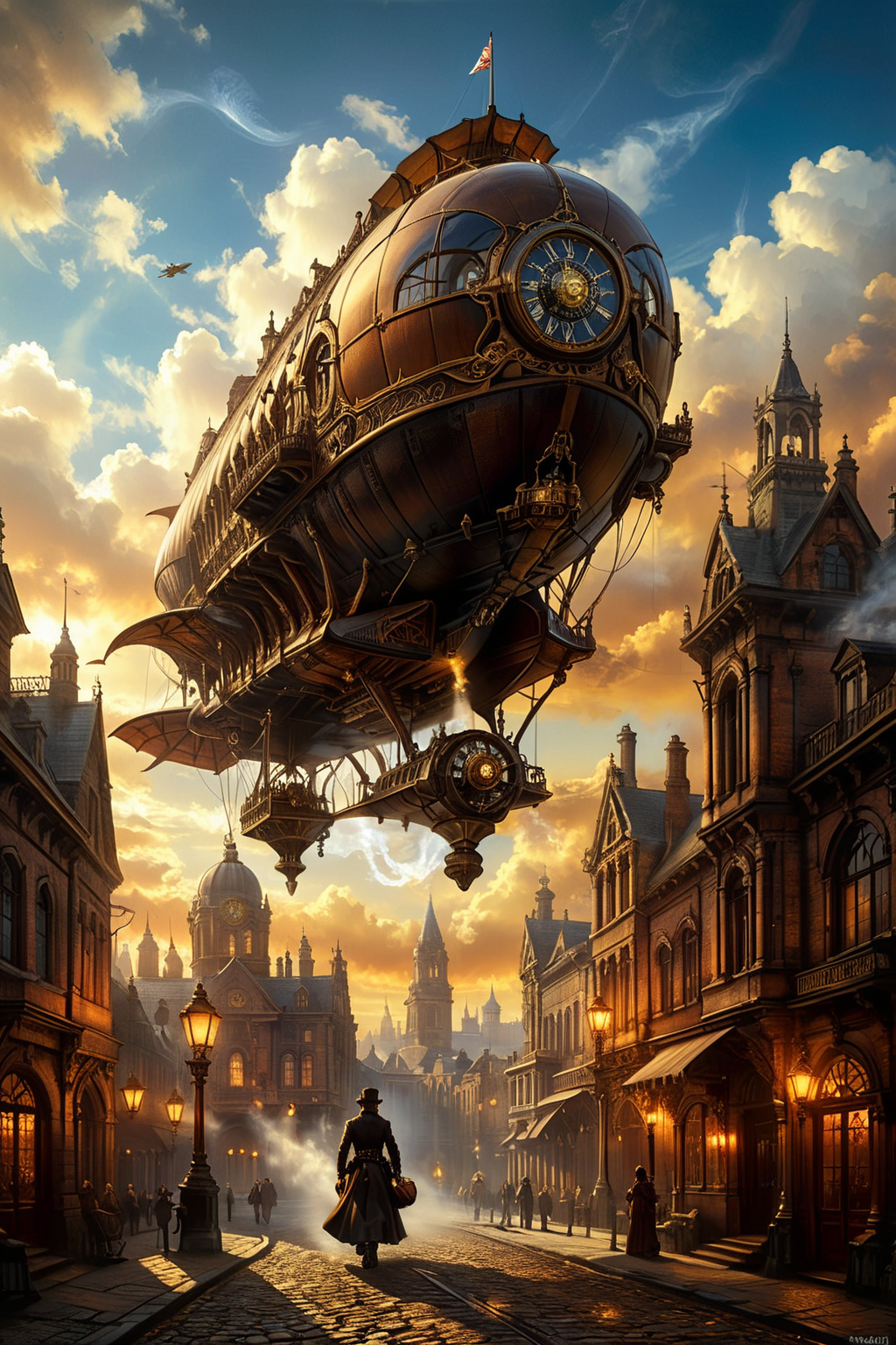 A hyper-realistic, Victorian steampunk fantasy scene featuring a magnificent mechanical airship soaring over a bustling cityscape. The airship, with its intricate gears, brass fittings, and billowing smokestacks, casts a grand shadow over the detailed, ornate Victorian architecture below. The city is alive with activity, street lamps illuminating cobblestone streets and pedestrians in period attire. The sky is filled with a blend of industrial smoke and the golden hues of a setting sun, enhancing the rich, atmospheric ambiance. Fantasy, steampunk, hyper-realistic, detailed, Victorian, intricate, dynamic, atmospheric, historical, majestic.
<lora:ral-mtclniscp-sdxl:0.7> ral-mtclniscp,
<lora:add-detail-xl:1.0>,
<lora:EnvyBetterHiresFixXL01:1.0>,
<lora:extremely_detailed:1.0>, extremely detailed,
<lora:EldritchMixIllustration_1.1:0.5>,
<lora:zavy-cntrst-sdxl:0.25> dark, chiaroscuro, low-key,
<lora:MJ52:0.5>
