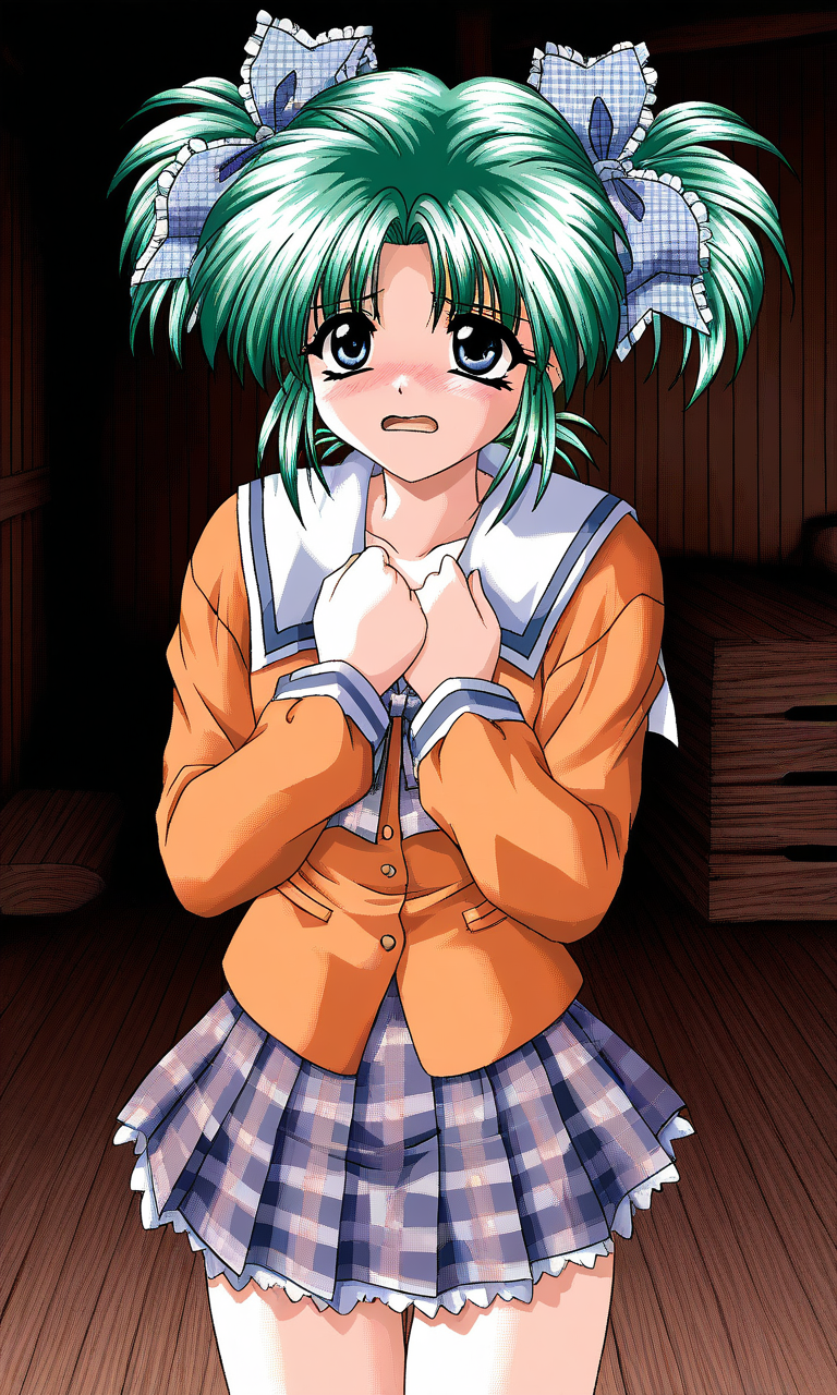 general,highres, ultra-detailed,very aesthetic,best quality ,best hands, BREAK <lora:Minase_Ruka_Akumu_AoiKajitsunoSange_IS:1>
Minase_Ruka, 1girl, solo, green hair, short twintails, blue eyes, hair ribbon, blue plaid ribbon, 
school uniform, ribbon, orange sleeve, embarrassed+afraid,
outdoors,hands on own chest,, plaid skirt, plaid bow, long sleeves, serafuku, 
wood room, dark room,