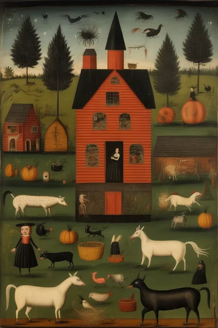 <lora:Folk Art:1>Folk Art - 19th century folk art of farm like and witch craft supersitions