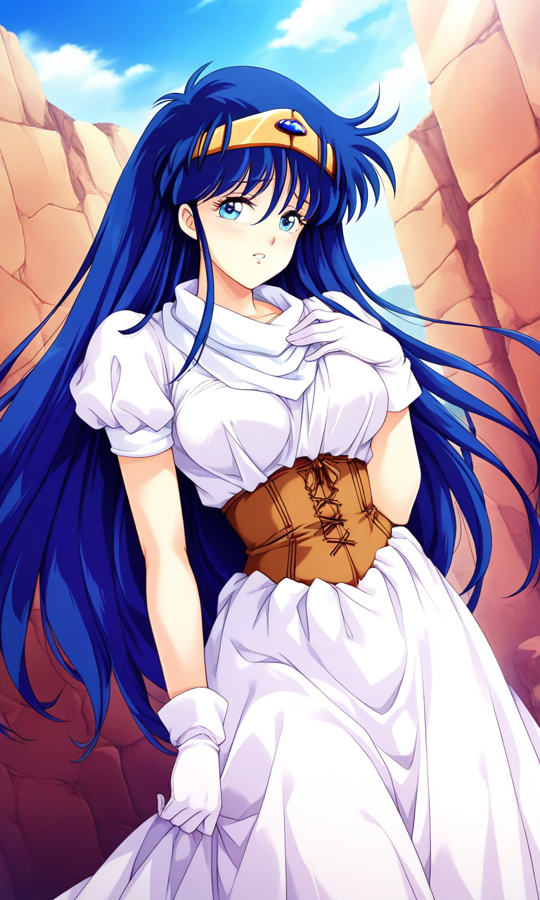 general,highres, ultra-detailed,very aesthetic,best quality ,best hands, BREAK <lora:Irene_La_Tias_XEXEX_IS:0.9>
Irene_La_Tias(XEXEX), 1girl, solo, very long hair, blue hair, blue eyes, tiara, large breasts, circlet, bangs,
white dress, white gloves, brown corset,
blue sky, game cg style,