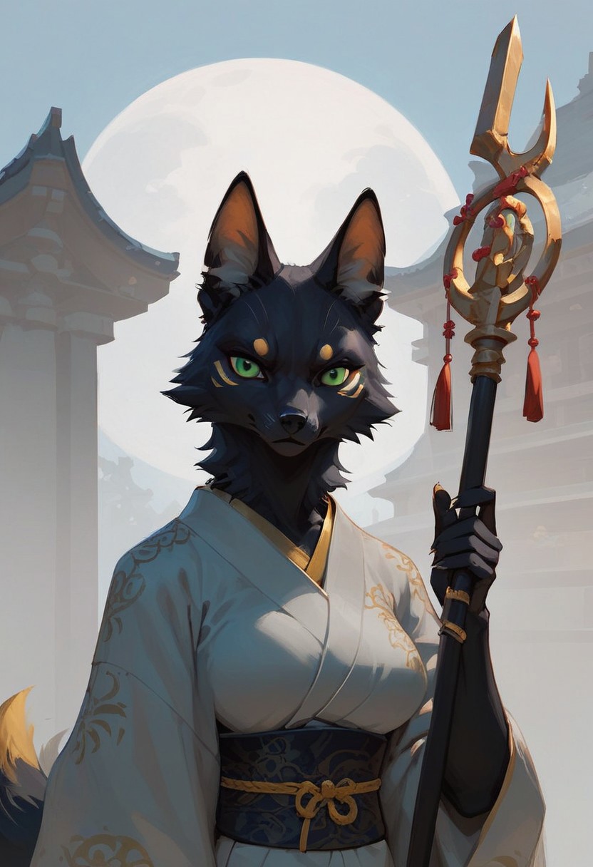 score_9, score_8_up, score_7_up, (1girl), solo Black furry fox  green eyes, dressed in a white and black men's kimono. The fur on the ears and tail is yellow (gold) at the very end. He stands with a staff in a fighting stance. a calm expression on his face. an abandoned Japanese temple. A bright day . Front flare lighting