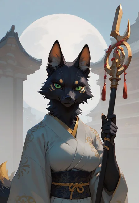 score_9, score_8_up, score_7_up, (1girl), solo Black furry fox green eyes, dressed in a white and black men's kimono. The fur on the ears and tail is yellow (gold) at the very end. He stands with a staff in a fighting stance. a calm expression on his face. an abandoned Japanese temple. A bright day . Front flare lighting