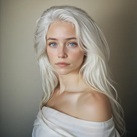 <lora:ArtfulNSFWV2SDXL:1> ArtfulNSFW, The image is a portrait of a woman with long wavy blonde hair. She is wearing a white off-the-shoulder top that is draped over her shoulders. The woman is looking directly at the camera with a serious expression on her face. Her hair is styled in loose waves and falls over her shoulder. The background is blurred making the woman the focal point of the image. The lighting is soft and natural highlighting her features., 1girl, solo, nipples, breasts, long hair, realistic, lips, white hair, looking at viewer, blue eyes
