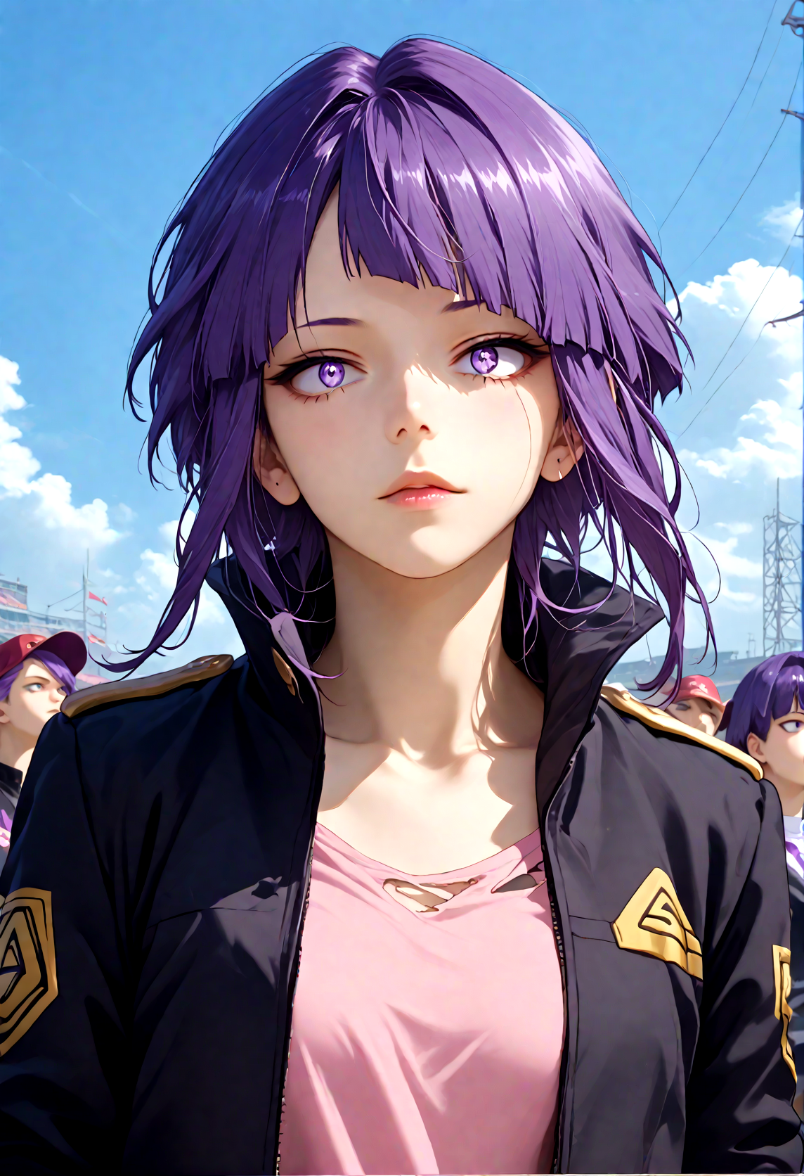 1girl, solo, jirou kyouka, KyokaJirouPony,upperbody, purple eyes, dark purple hair, detailed eyes, pink shirt, black jacket, torn clothes, concert, (stage)