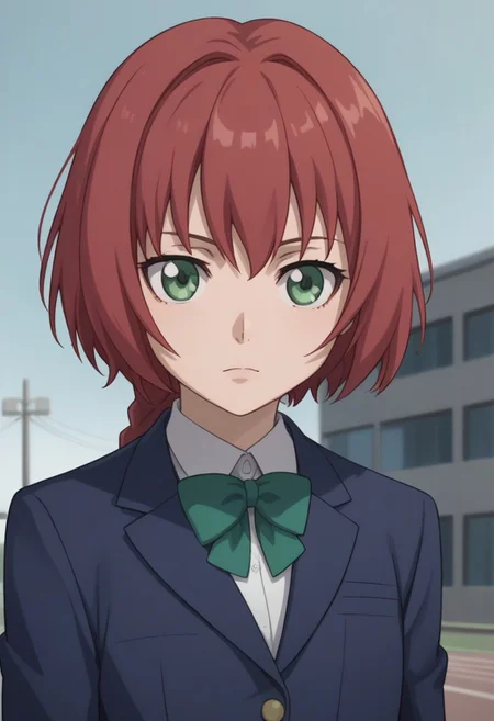 score_9, score_8_up, source_anime, highly detailed,
suou, 1girl, red hair, green eyes, braid, school uniform, parody, single braid, solo, blazer, bow, upper body,
outdoor, looking at viewer,