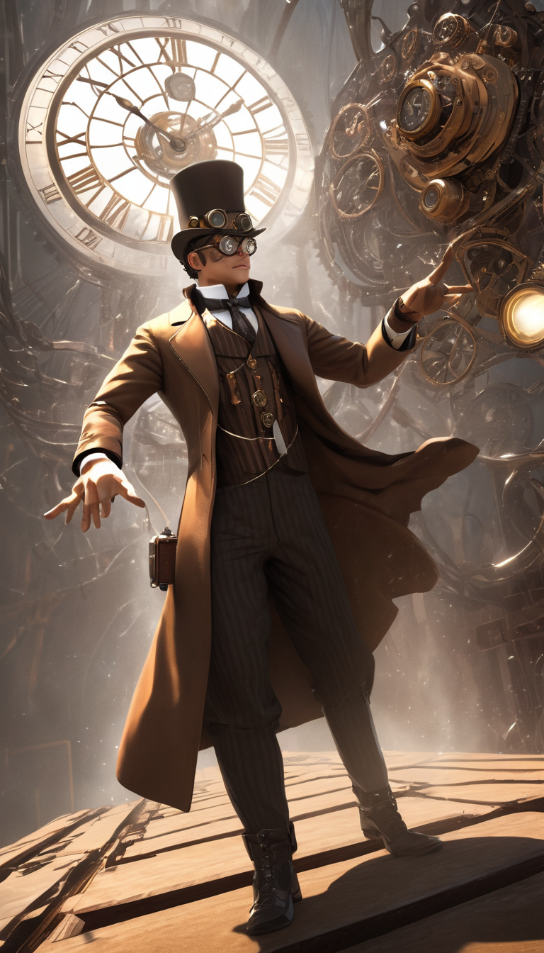 Cinematic scene, hero view, a steampunk scientist experimenting with time travel and accidentally sending themselves back to the Victorian era, action pose, detailed background, masterpiece, best quality, high quality, absurdres, steampunk <lora:steampunk_xl_v1:1>