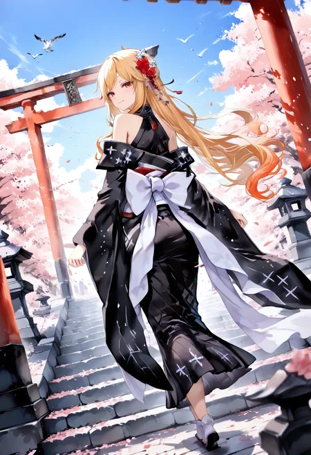 masterpiece,best quality,cinematic lighting, natural shadow,highest detail, detailed background, intricate scenery, detailed landscape, depth of field,insane details,intricate, erotic and aesthetic, subsurface scattering,
cherry blossom,surrounded by flowers, cherry blossom petals flowing by wind,
1girl, aesthetics, dutch angle, from behind, looking back,
smile, little smile, gentle smile, closed mouth, serene atmosphere,
walking, walking up stone stairs,
stone stair, stone steps, torii, japanese temple,
sky, blue sky, clouds, birds,
finely detailed face, beautiful face,
<lora:kaelaIL:1> kaelaIL, kaelakimono, japanese clothes, black kimono, wide sleeves, hair flower, bare shoulders, long hair,
<lora:TER_ILL_V1:0.5>
<lora:InkWashpainting:1.5>,